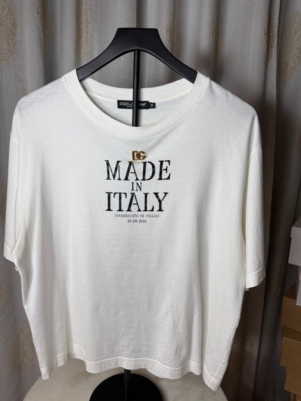 Dolce & Gabbana White 'Made in Italy' Logo Tee with Gold DG Accent